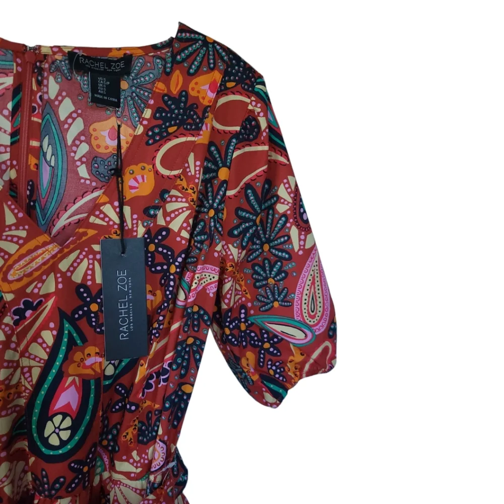 Rachel Zoe Cotton‎ Paisley Shorts Romper Puff Sleeve Tropical Cruise Resort NWOT
